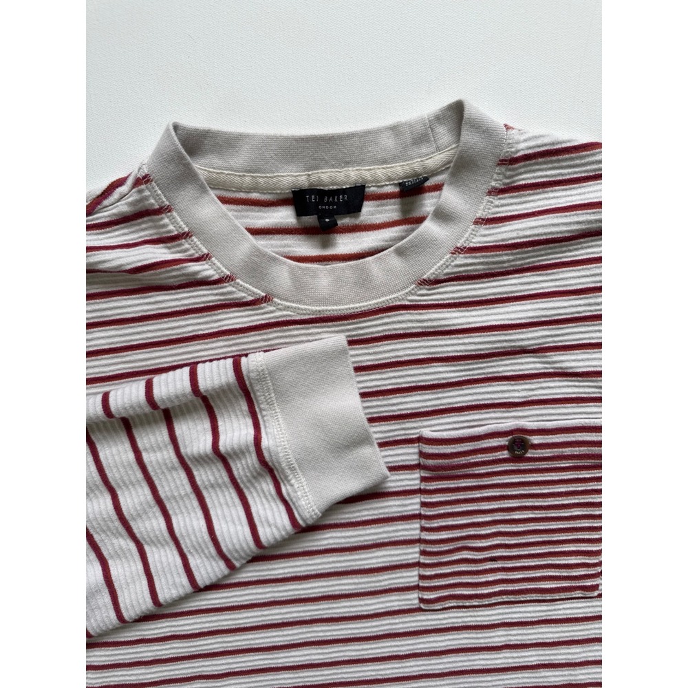 Ted Baker London Womens Striped Long Sleeve Pocket Tee Cream Burgundy Size 6